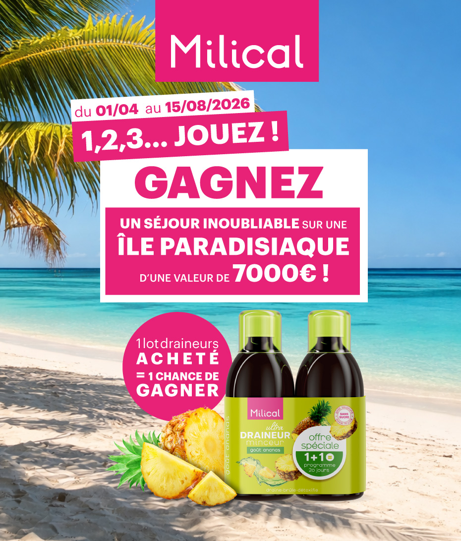 Milical - Du 01/04 au 15/08/2026 - 1,2,3... Jouez ! - Gagnez un séjour inoubliable sur une île paradisiaque d'une valeur de 7 000€ ! - 1 lot draineurs acheté = 1 chance de gagner