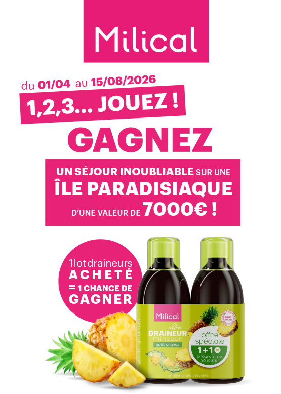 Milical - Du 01/04 au 15/08/2026 - 1,2,3... Jouez ! - Gagnez un séjour inoubliable sur une île paradisiaque d'une valeur de 7 000€ ! - 1 lot draineurs acheté = 1 chance de gagner